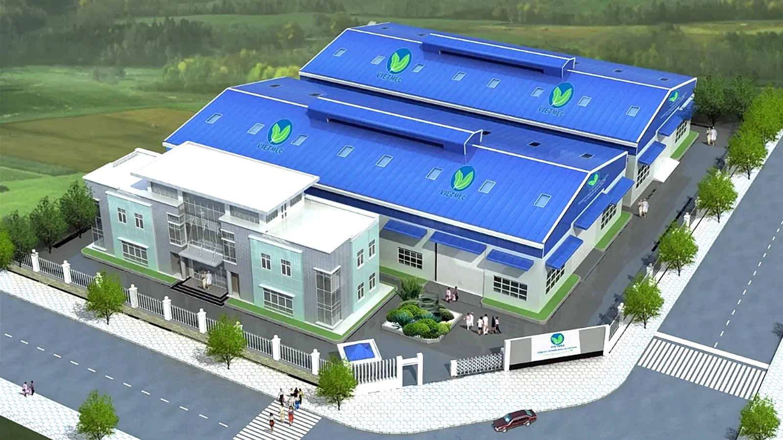 Nhà xưởng hiện đại mái xanh, văn phòng góc đường